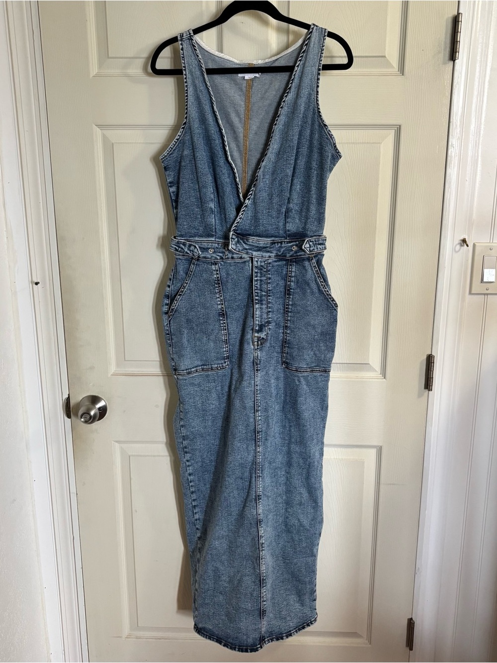 Good American Fit For Success Denim Jean Maxi Dress V Neck Sleeveless Indigo780